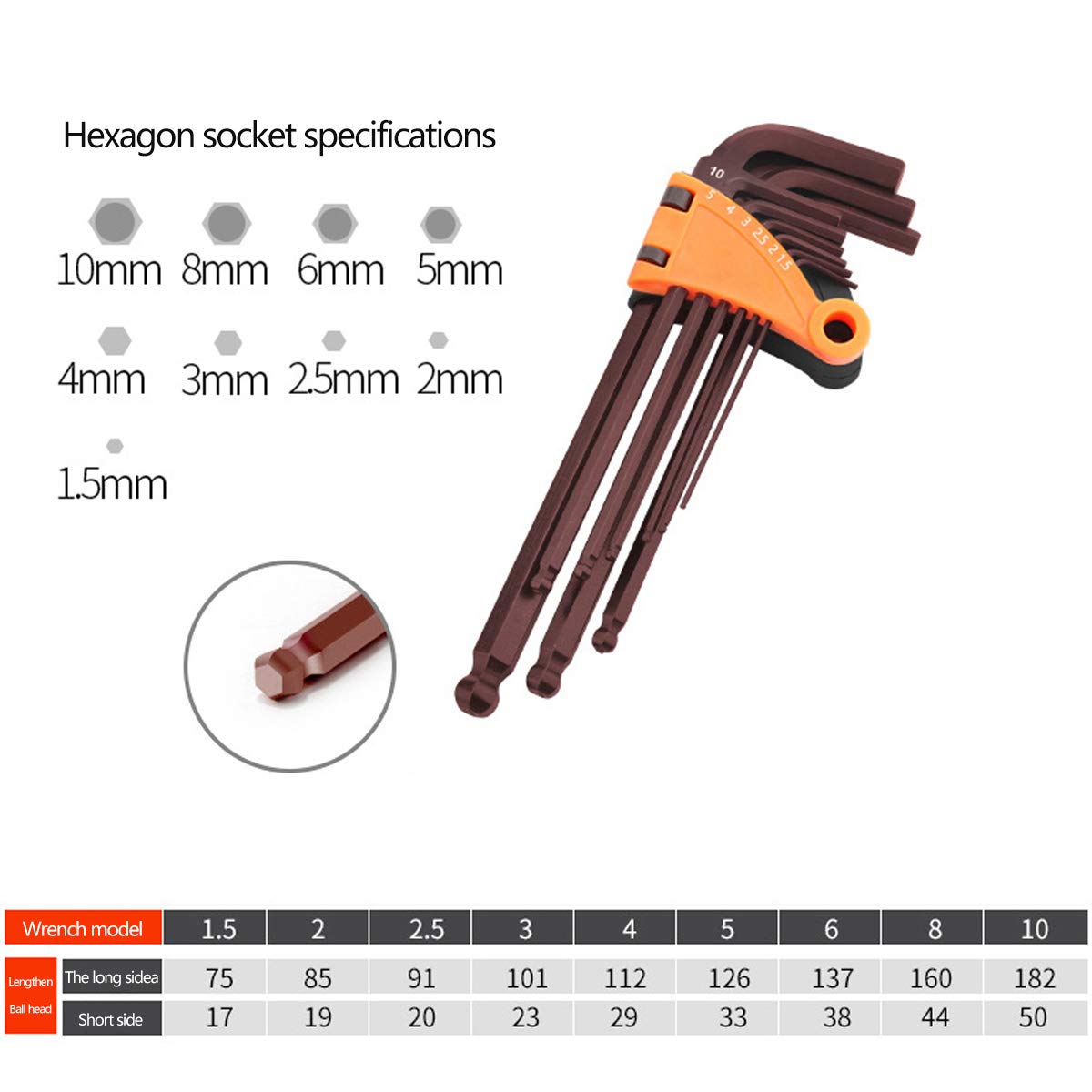 Klucz imbusowy matowe wykończenie do montażu mebli rower metryczny S2 klucz stalowy Model 1.5mm - 10mm, 9-częściowy zestaw, styl 1 (styl 1)