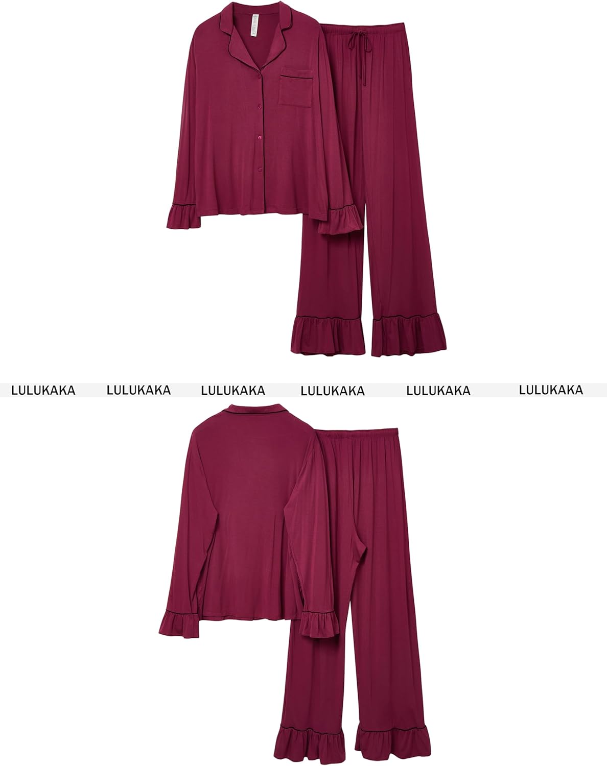 Women Bamboo Viscose Pajama Sets Ruffled Cuff Hem Long Sleeve Fancy Yarn 2 Piece Loungewear Loose Fit Drop Shoulder - Image 6