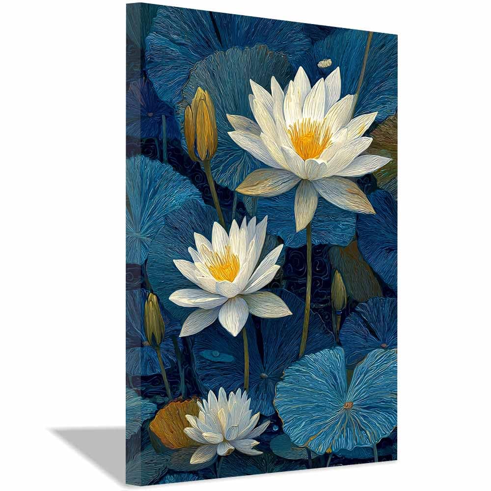 Hoqiu Multicolor Flowers Wall Art Blue Lotuses Floral Art Pictures, Print Canvas Poster Decor For Living Room, Bathroom Canvas Art, For Bedroom Home Decoration.(Multicolor)-60X80cm Framed