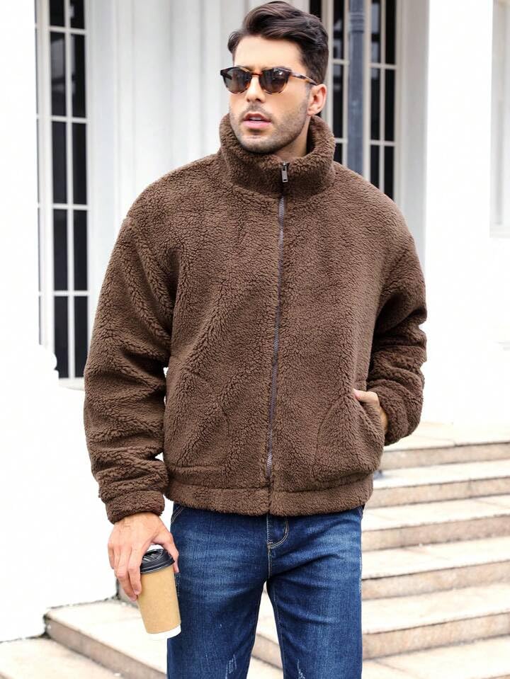 Image of BE SAVAGE Solid Sherpa Oversized Jacket Woolen Long Sleeves Zipper Hoodie For Men's