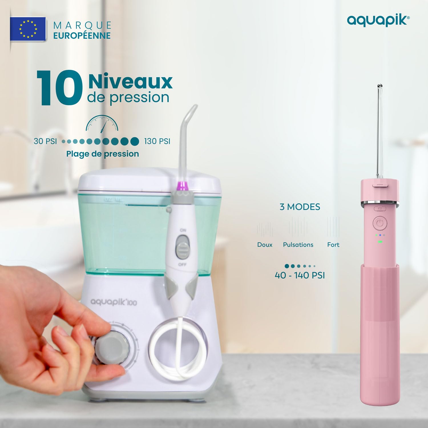 Aquapik® DUO Jet Dentaire : table + Mini Portable | Recommandé par les dentistes + Élimine la Plaque + Prend soin de vos Implants et Orthodontie | Hygiène Buccale Profonde (Blanc - Rose)
