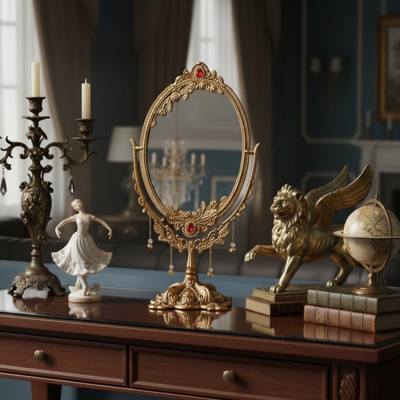 Image of KridayKraft Gold-Plated Double-Sided Oval Metal Table Mirror - Floor-Mounted Unframed Vanity Mirror for Home Decor, Birthday, Anniversary, Wedding & Festive Gifting for Loved Ones