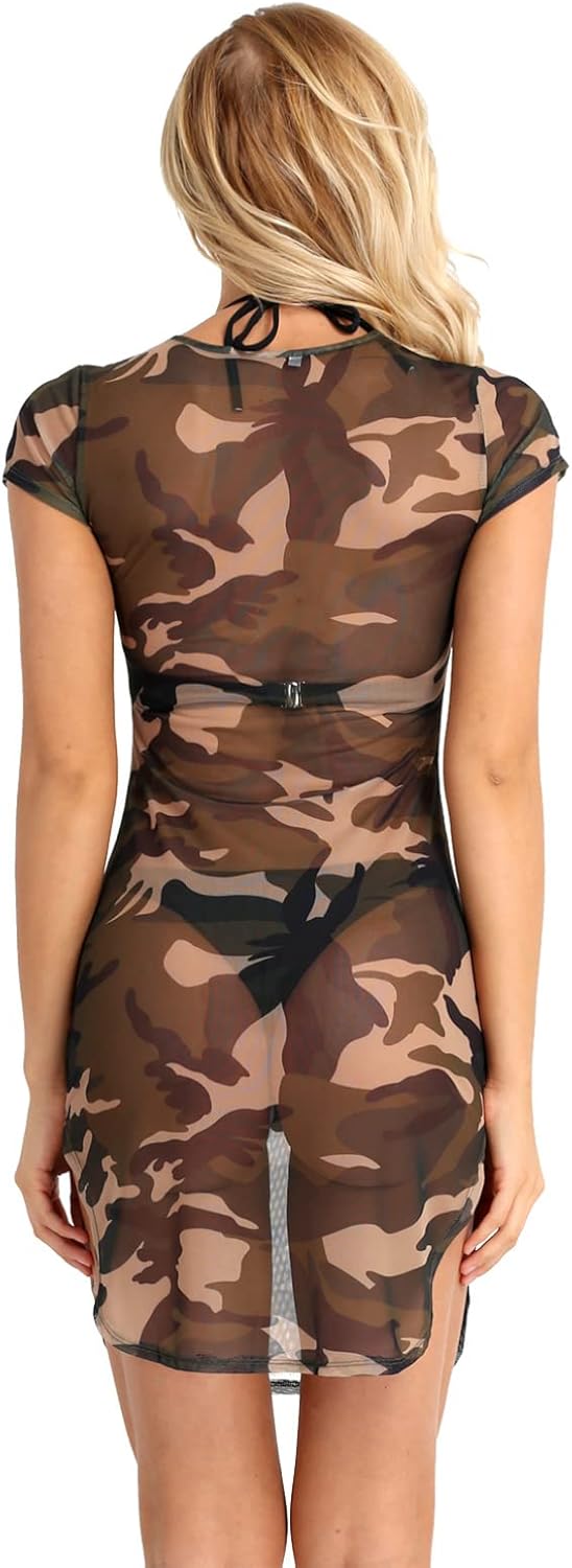 iiniim Womens Lingerie Camouflage Side Slit Sheer Mesh See Through Chemise Mini Dress - Image 5