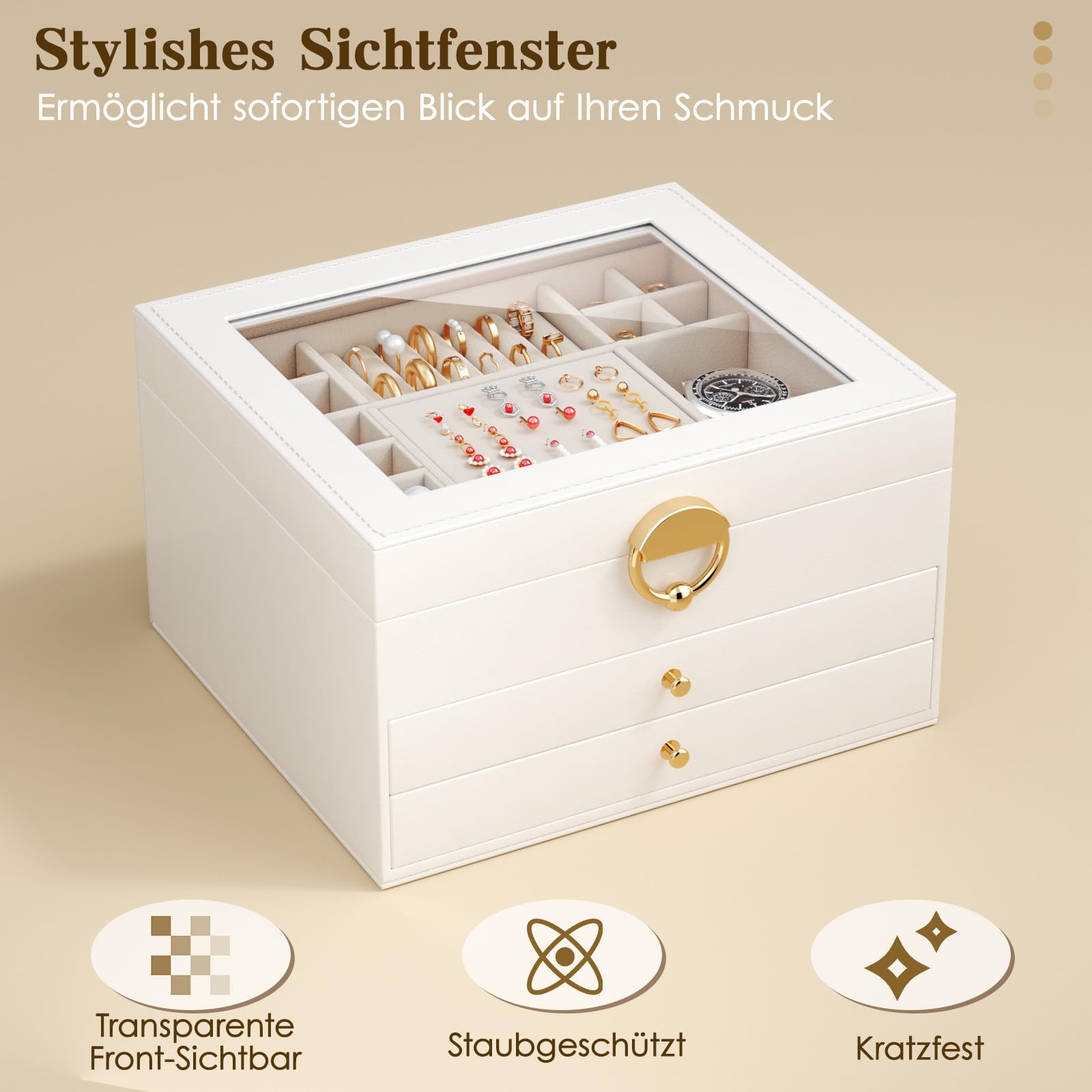 3-Stöckiger Schmuckkästchen Groß Schmuckorganizer mit transparentem Deckel für Schmuckstücke, Ketten & Armbänder, stabile Schmuckaufbewahrung mit Samtfutter (Mattweiß)