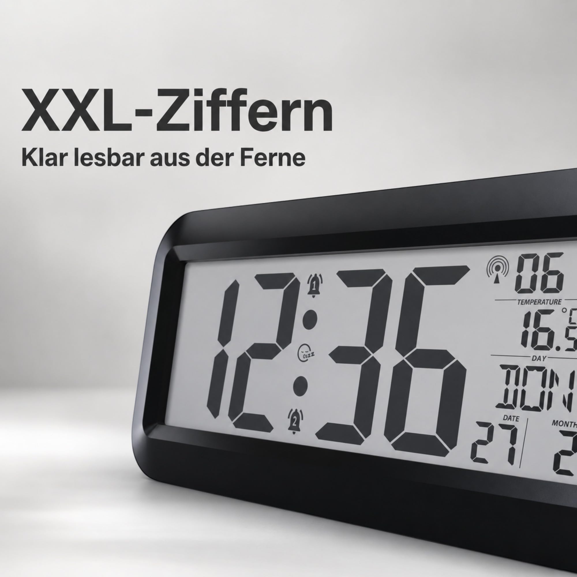 Mebus große Digitale Funkwanduhr mit XXL Ziffern | 42 x 20cm, DCF77 Funkuhr | Datum, Wochentag & Temperatur, 2 Weckzeiten mit Schlummerfunktion, perfekt für Büro, Werkstatt, Senioren | Tischuhr schwarz