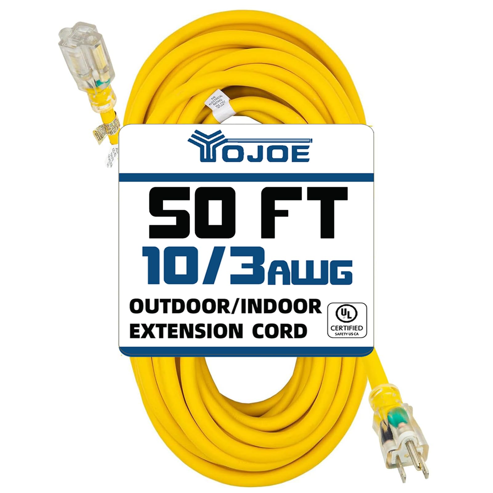 YOJOE - Cable de extensión para interiores y exteriores con extremo iluminado, cable de alimentación resistente a la intemperie de 3 clavijas, calibre 10, cable de extensión amarillo de 50 pies para