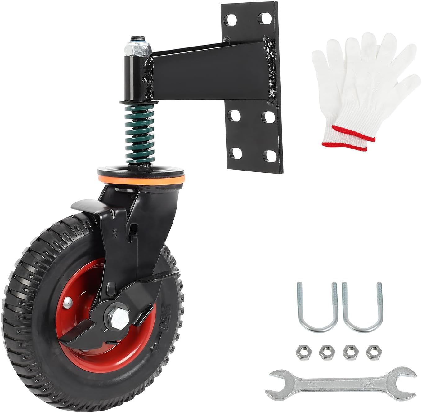 FAHKNS 8" Gate Wheel with Brake, 360 Degree Swivel Spring-Loaded, 600 Lbs Capacity, Gate Wheels for Metal Swing Tube Gate Wooden Fence Gate