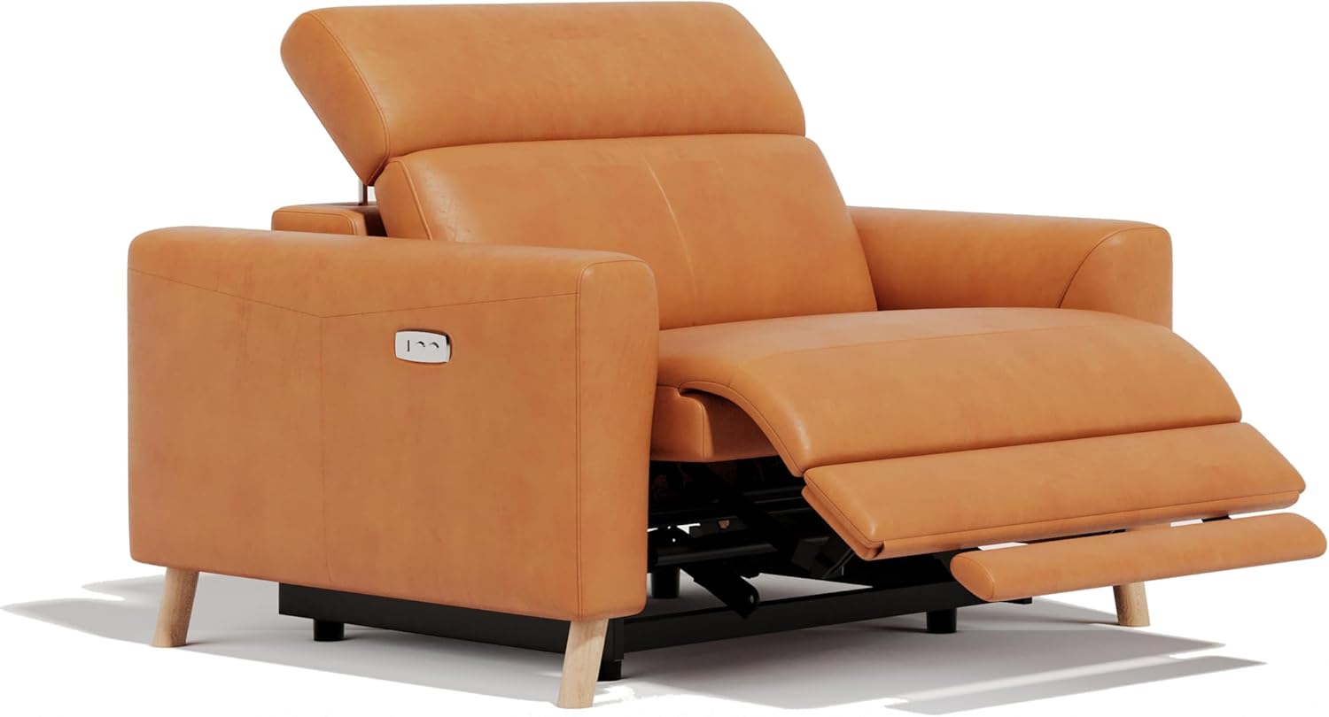 Valencia Elodie Leather Reclining Accent Chair, Italian Nappa 11000 Top Grain Leather, Power Recline & Adjustable Headrests, Modern Design for Living Room - Cognac