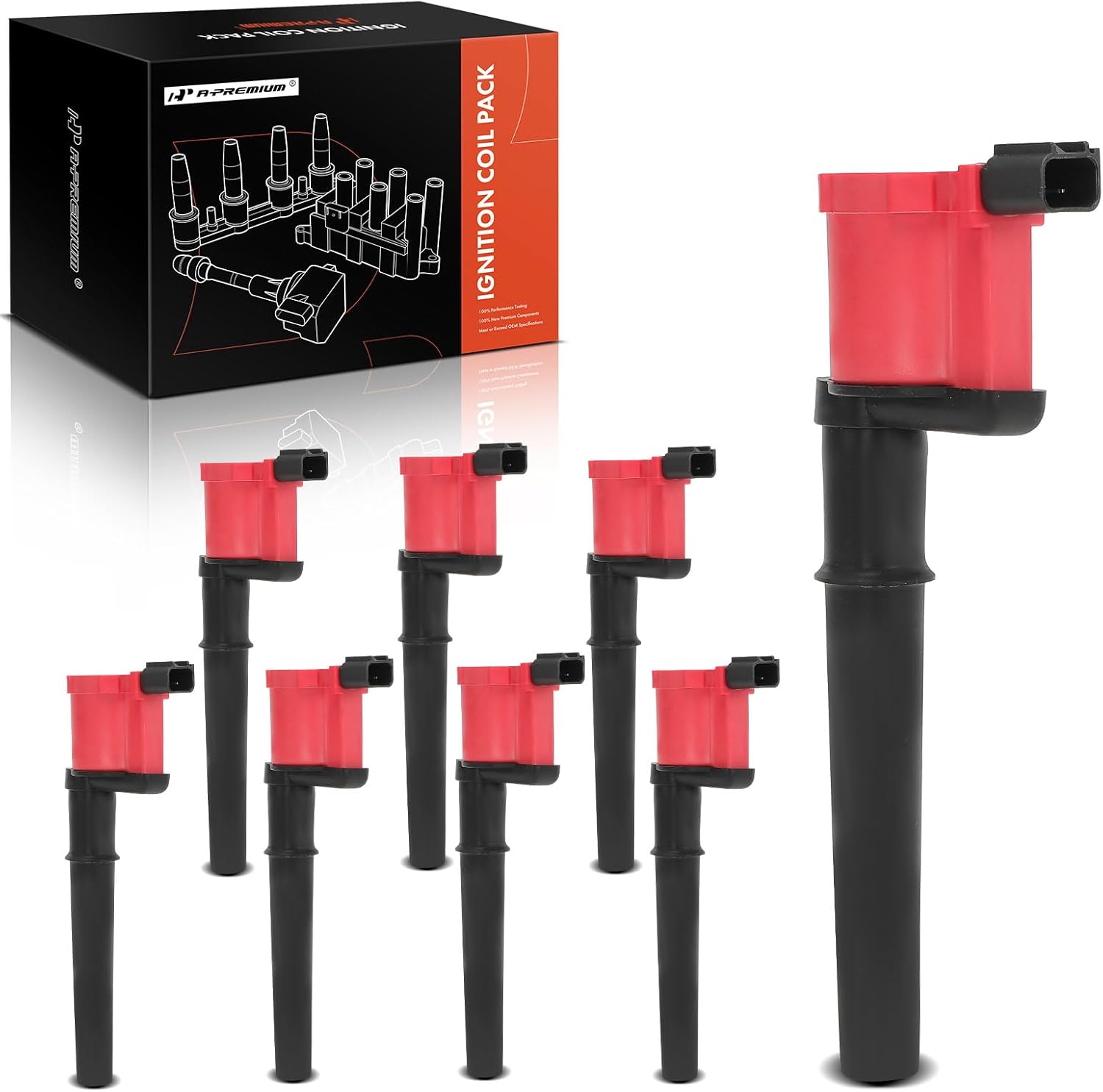 A-Premium (Red) Engine Ignition Coil Pack Compatible with Ford Mustang, GT & Lincoln Navigator, Continental, Aviator, Blackwood, Mark VIII & Avanti Avanti & Mercury Marauder & Panoz & Qvale, 8-PC Set