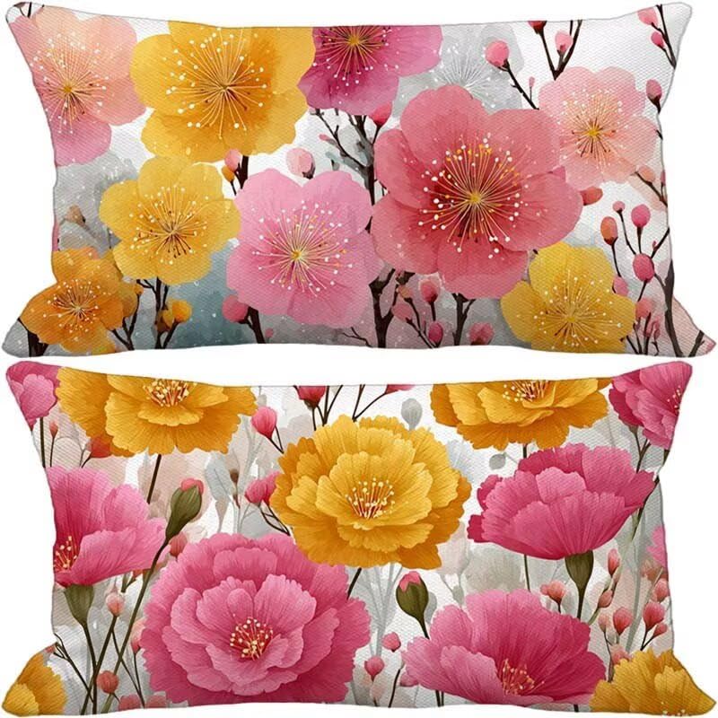 Lot de 2 housses de coussin 40x80 rose en lin imperméable fleur pour canapé