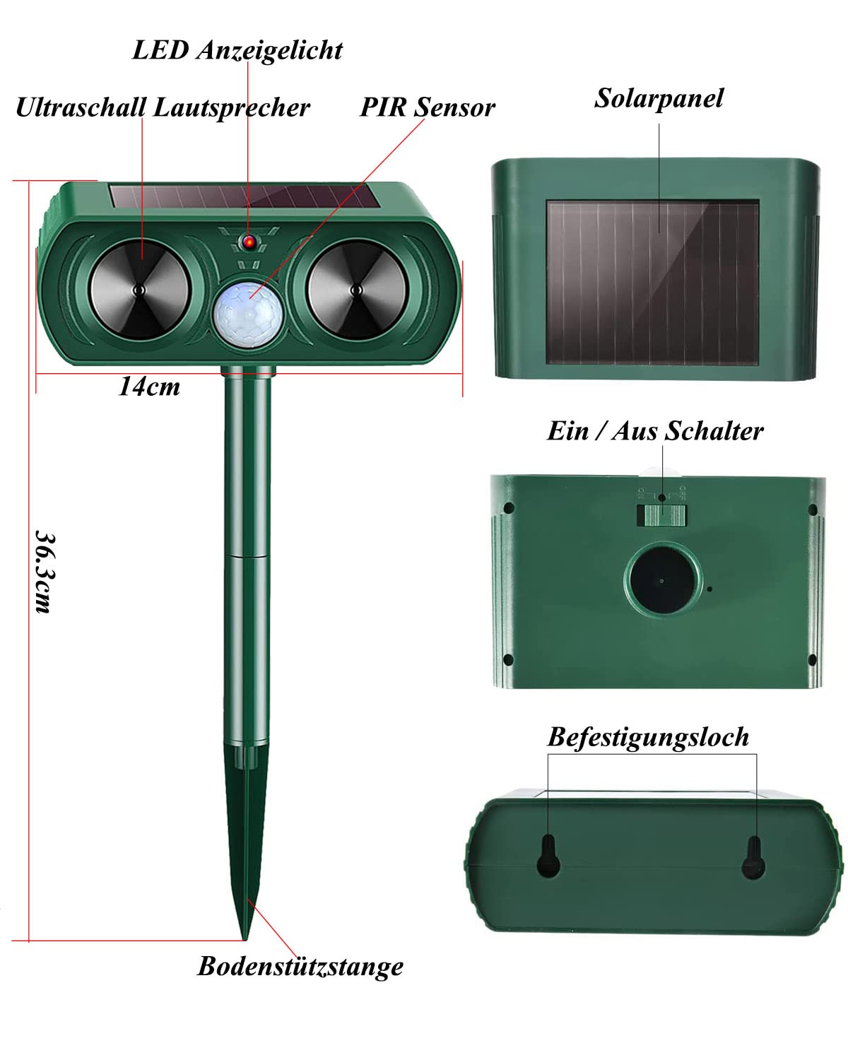 Solar Katzenschreck, Multifunktion Ultraschall Katzenabwehr, Wasserdicht Marderschreck mit Bewegungssensor, Vogelschreck Vertreiber für Maulwurf, Hunde, Vögel, Katzenschreck für Garten Rasen Farm