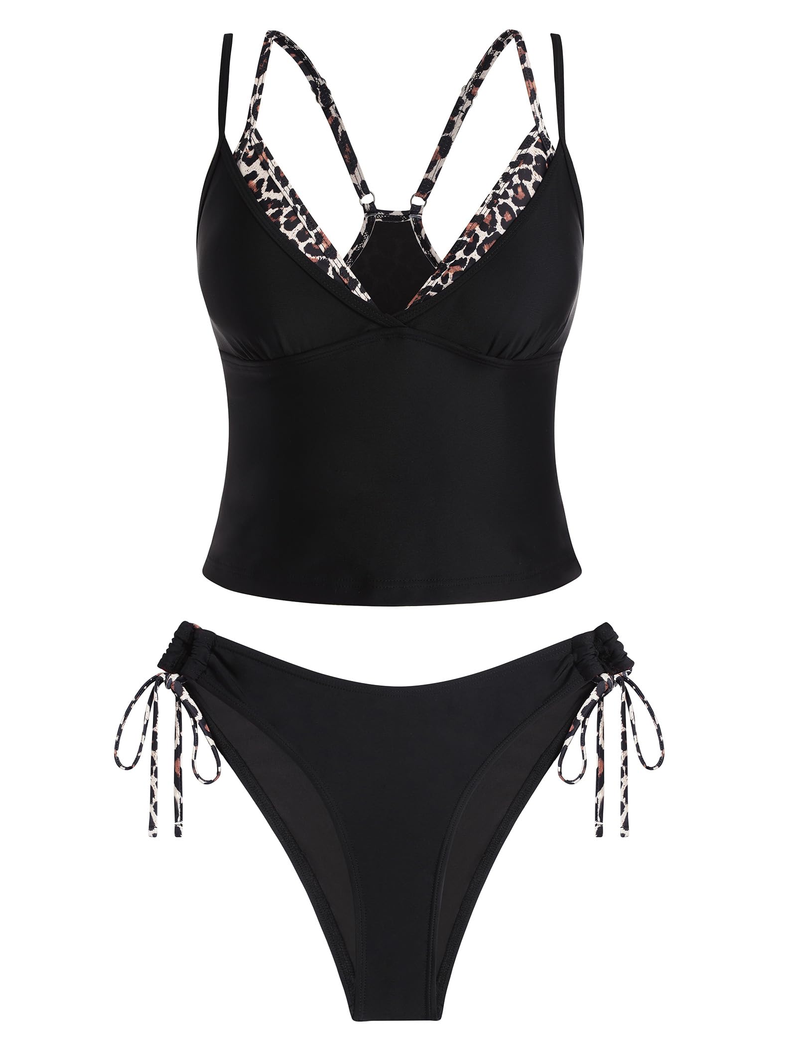 Women Double Layer Tankini Set V Neck Color Block Swimsuit Side Tie Two Piece Bathing Suit-image-43