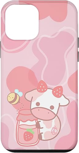 Funda Kawaii para iPhone 12, diseño de vaca fresa, color rosa