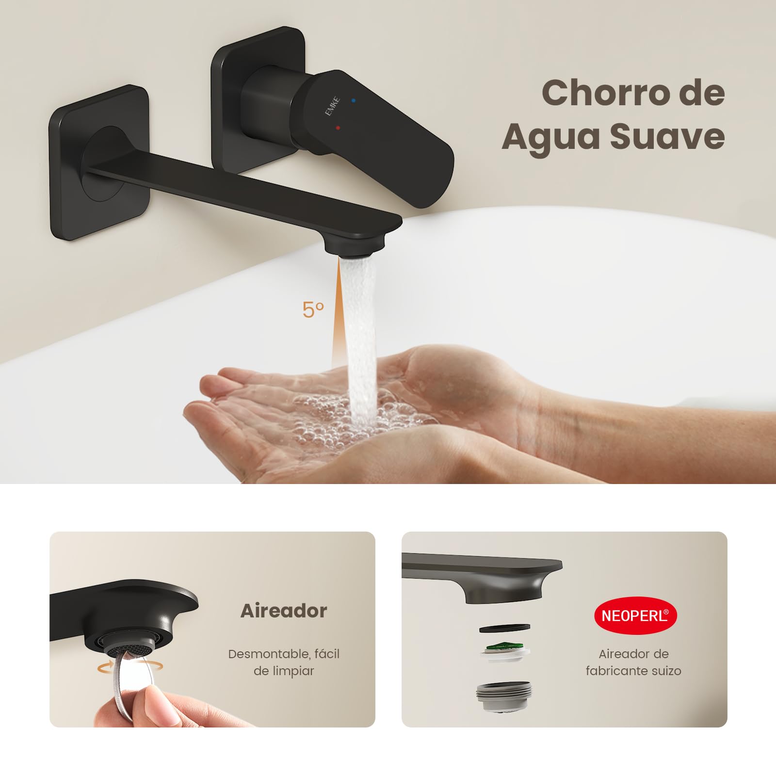 EMKE Grifo de Baño Modular, 233x127x110 mm, Cuerpo de Latón Negro Mate, Mezclador para Lavabo, Grifo de Cocina con Aireador, Cartucho Cerámico, Grifo de Lavabo