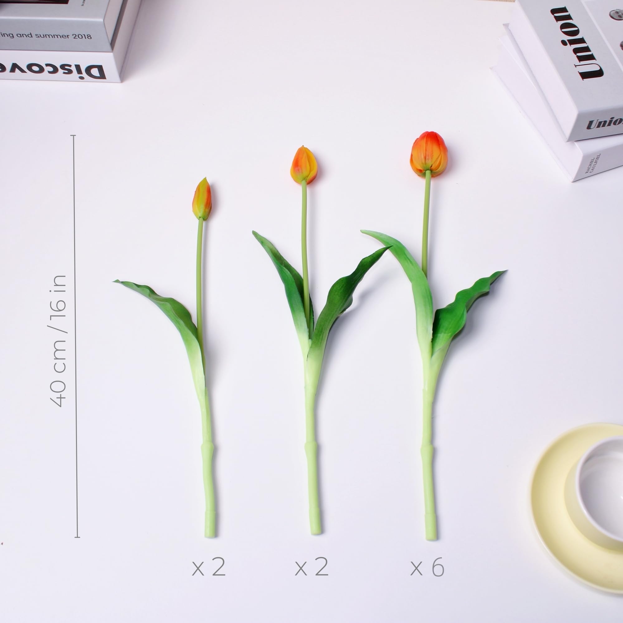 WAKISAKI 16-inch Premium Real Touch Fake Tulips Artificial Flowers with Buds, Flexible Stem Easy to Shape, Faux Tulips for Home Decor Indoor (Vase not Included), 10-Pack Set of Sunset Orange