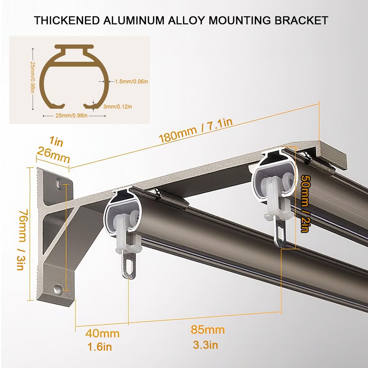 Double ain Rod 100-800 cm szyna ze stopu aluminium, solidny system przesuwny, ciche szyny do biegania, idealne do dzielenia pokoju, salonu, biura, szary, 130 cm
