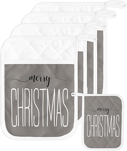 Merry Christmas 5Pcs Pot Holders for Kitchen, Non Slip & Heat Insulation Terry Cloth Potholder Set with Pocket, Thick Hot Pad Oven Mitts Trivet