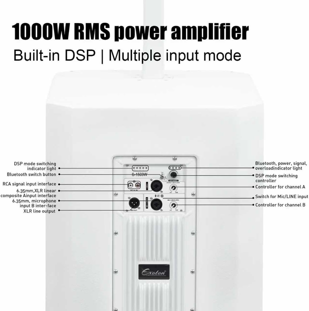 EXOTON S-1503W Portable Line Array Column PA/DJ System with 15" Powered Subwoofer, 2000W Professional System, 125dB