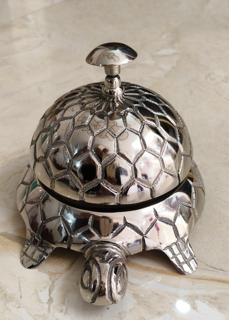 Vintage Turtle Desk Bell | Handcrafted Brass Call Bell | Antique Style Table Decor Silver Polish