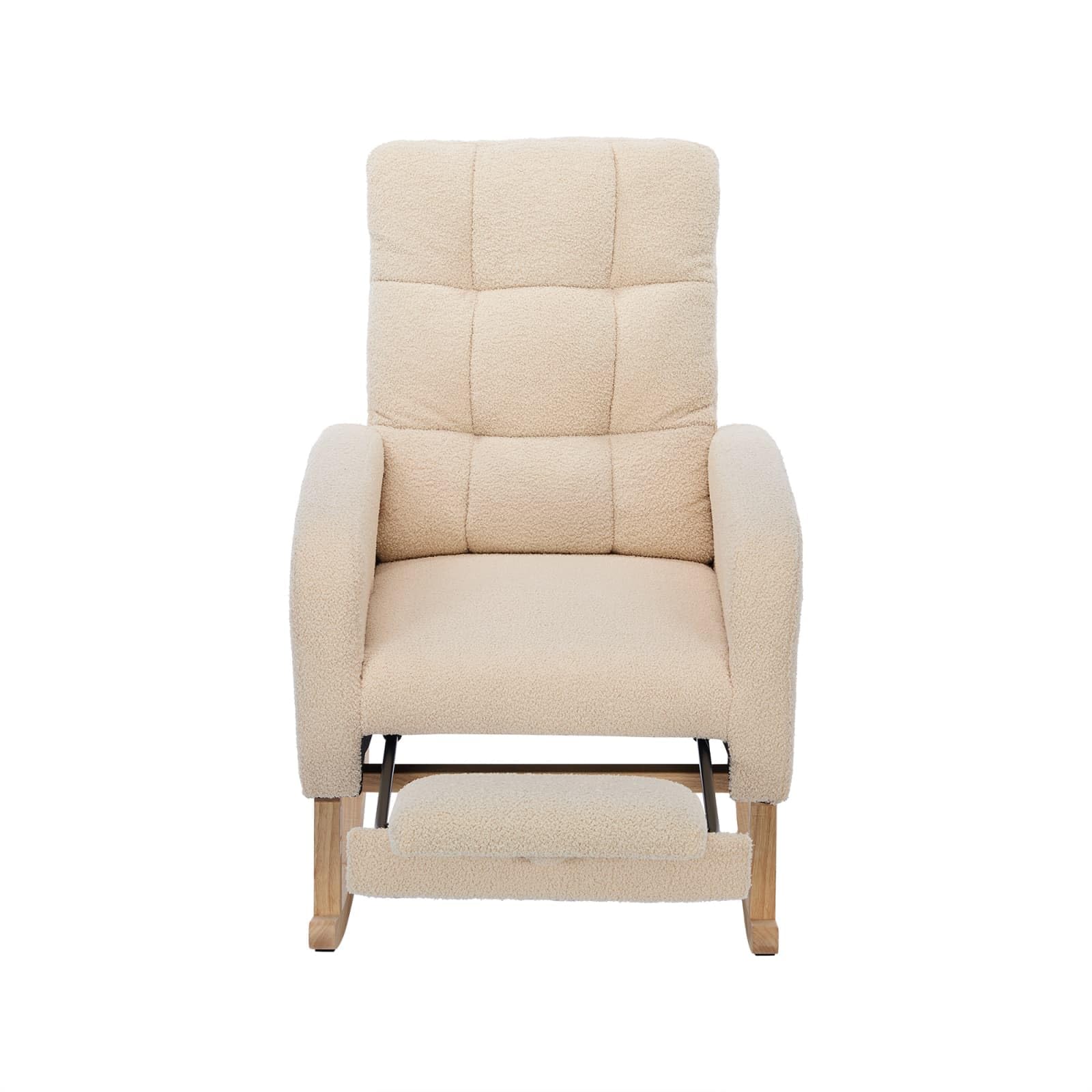 KOMHTOM Fauteuil à Bascule avec Repose-Pieds Escamotable, Rocking Chair en Velours Teddy, Structure en Bois, Poche de Rangement Latérale, pour Salon et Chambre à Coucher