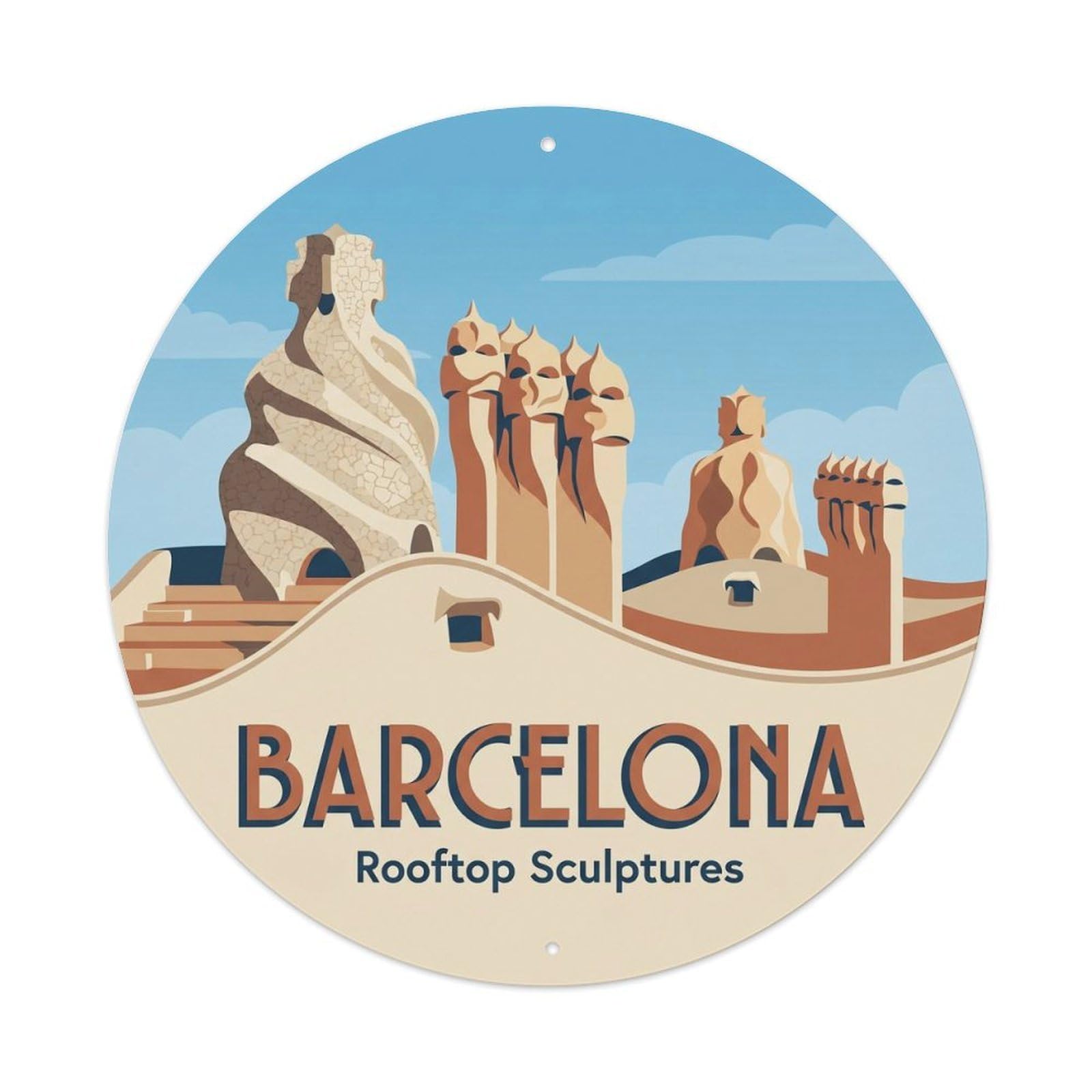 Vintage Travel Barcelona Chimney Rooftop Gaudi Metal Tin Sign Plaque Wall Decor for Cafe, Club, Garden Round Metal Poster 8x8Inch