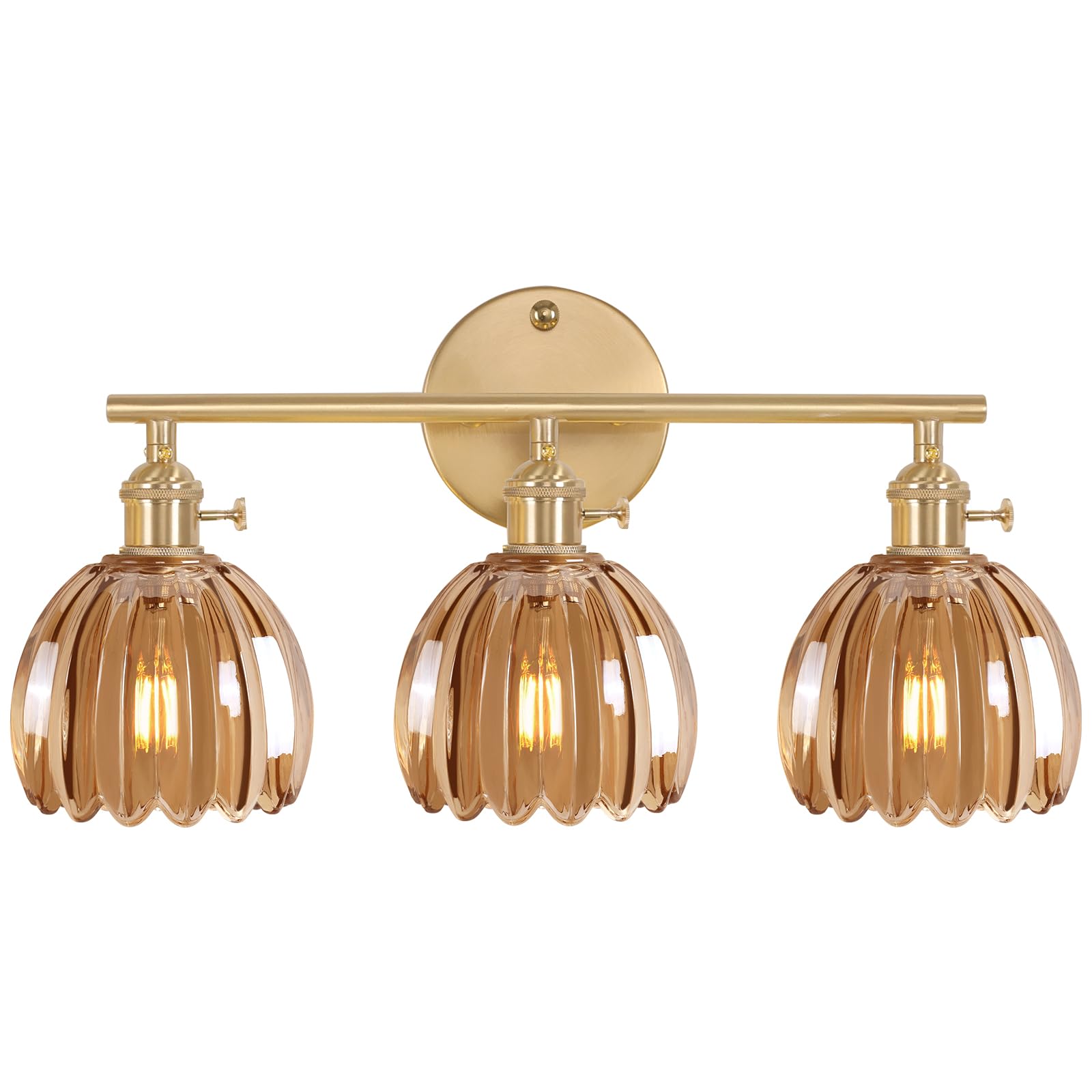 Shenmoyl Bathroom Wall Light Fixtures Over Mirror, 3-Light Brass Gold Vanity Lights with Amber Tulip Glass Shade for Bedroom Living Room