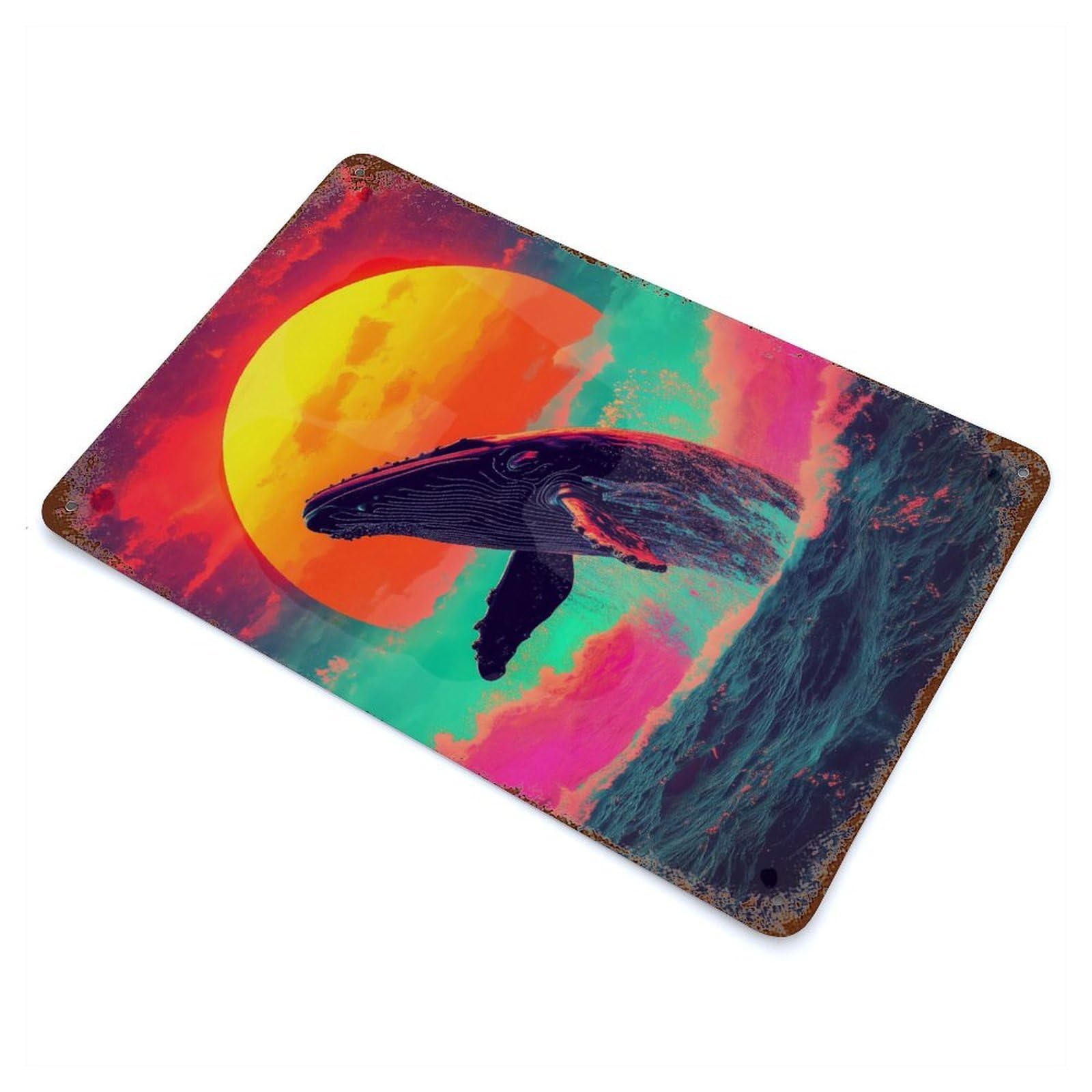 Vintage Metal Tin Sign with Whale Jumping Sunset Design 11.8"x7.9", for Garage, Bar And Workshop Decor, Novelty Wall Decor