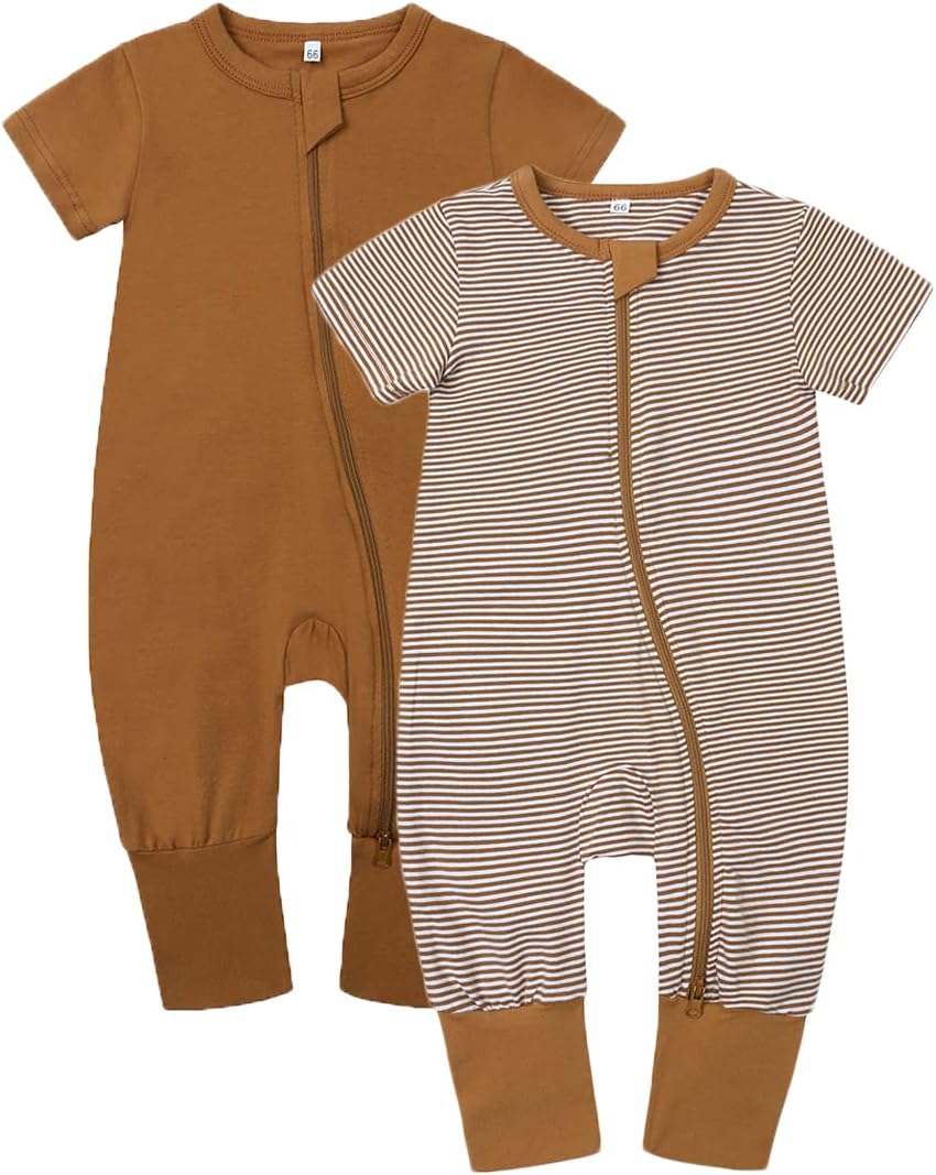 Feidoog Toddler 2 Pack Baby Zipper Rompers Cotton Short Sleeve One Piece Jumpsuit Outfits