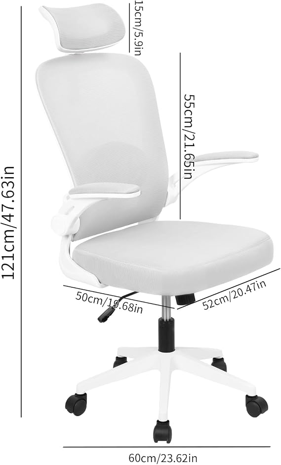 Office Computer Desk Chair, Ergonomic Desk Chair with Lumbar Support, Height Adjustable Mesh Swivel Computer Chair, Executive Office Chair with Headrest and Flip-up Armrest White