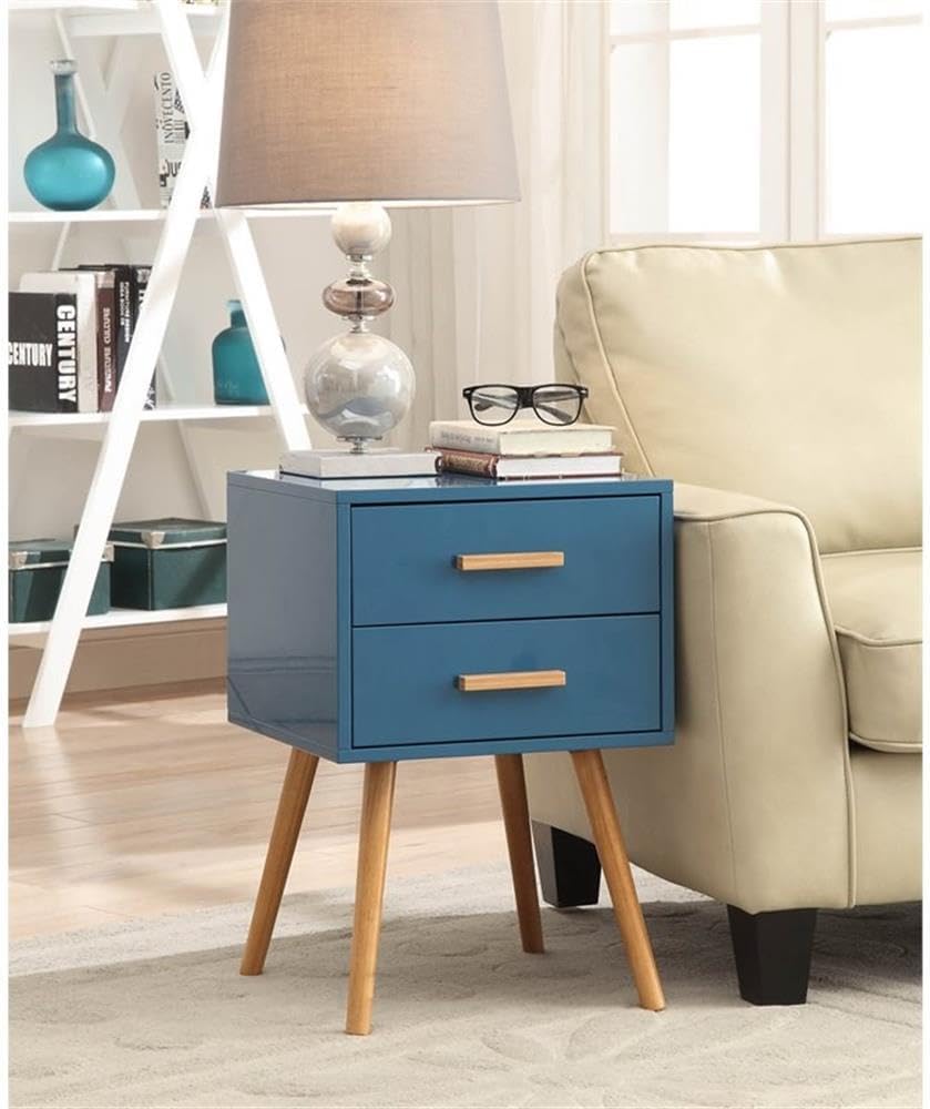 Convenience Concepts Oslo 2 Drawer End Table 15.75" - Mid-Century Modern Side Accent with Storage Drawers for Living or Family Room, Bedroom Nightstand, Blue/Natural