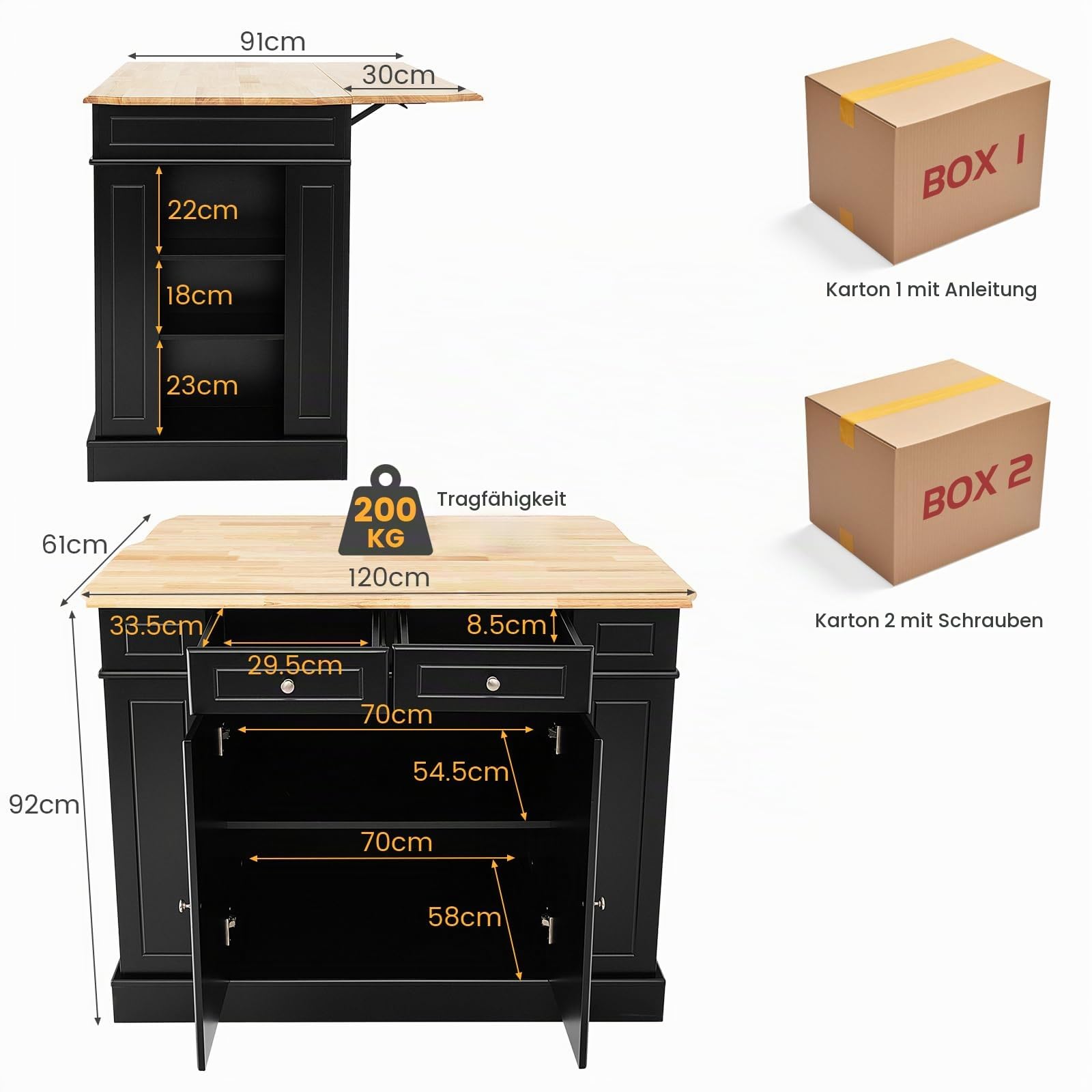 KOMFOTTEU Kücheninsel mit Ausziehbarer Arbeitsplatte, Küchenschrank Holz mit Schubladen Seitenregalen & 2 Türschranke, Küche Anrichte mit verstellbaren Böden für Essimmer Küche 120x61x92 cm(Schwarz)