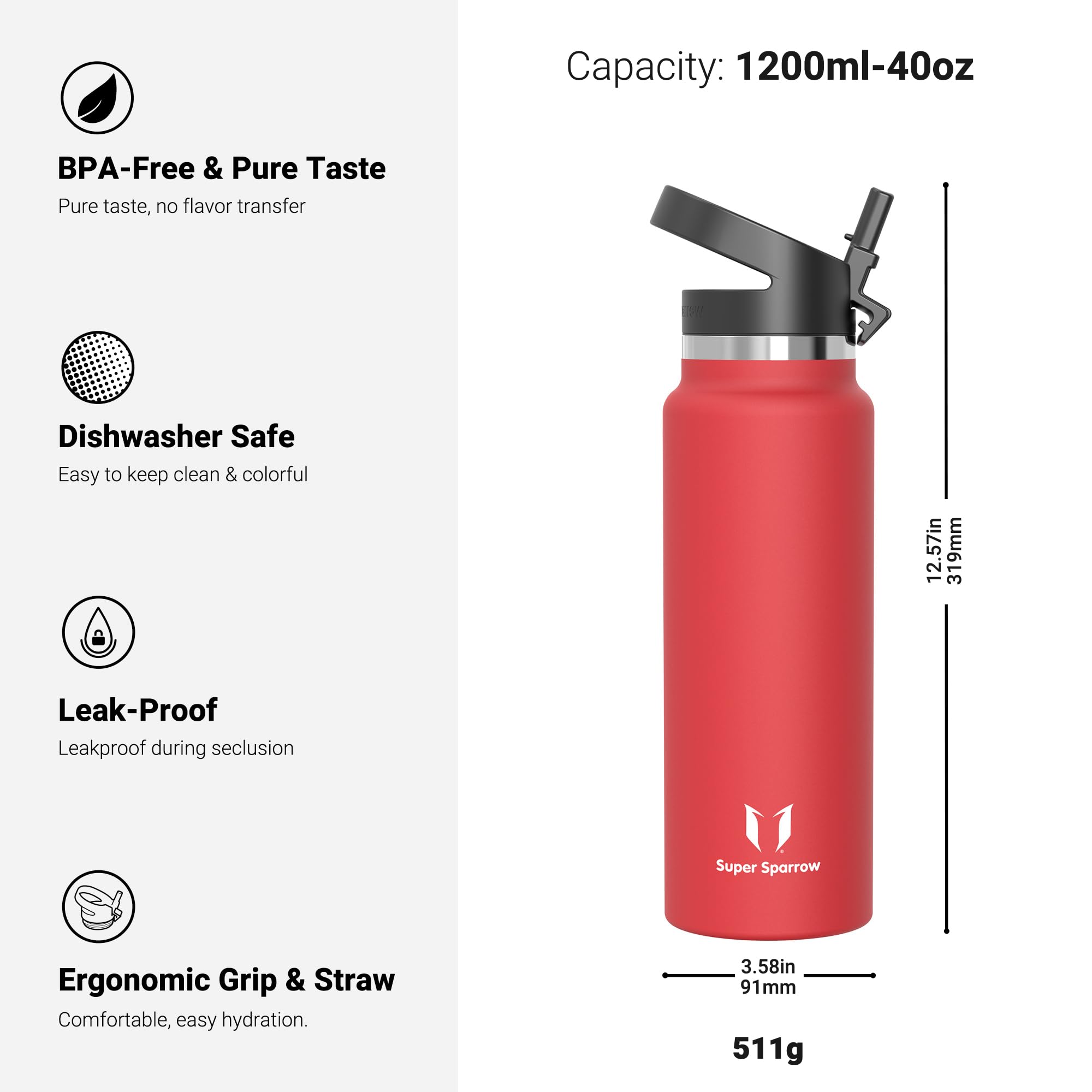 Super Sparrow Borraccia Termica - 500ml, 750ml, 1000ml, 1.2L, 1.5L- SwivelSip Inox Bottiglia - Senza BPA Borracce Termiche, Borraccia Ergonomica per Bambini, Sportiva, Bici, Campeggio, Palestra