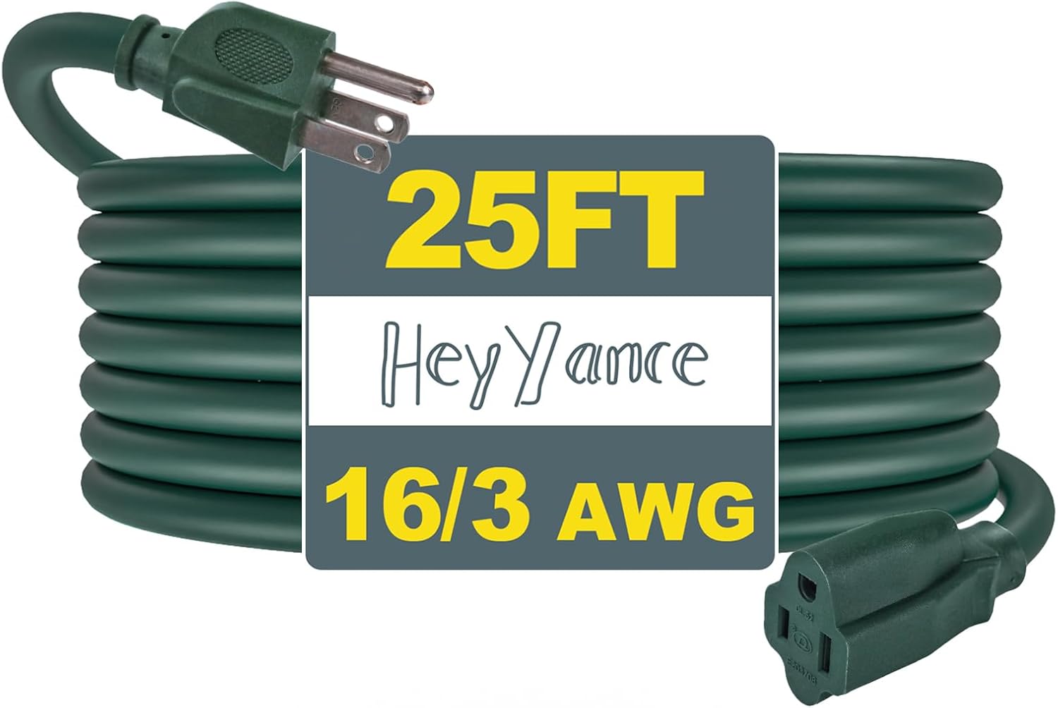 Heavy Duty Outdoor Extension Cord Waterproof - 25 Ft Extension Cords with 3 Prong Grounded Plug, 16/3 SJTW 13A 1625W Green Extension Cable for Lawn, Garden, Appliances, Lights