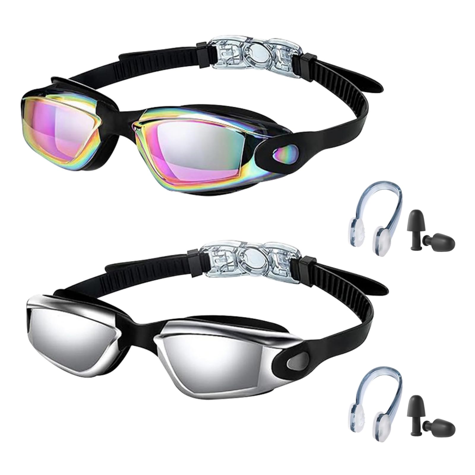 DAVBNM 2 Pack Swimming Goggles, Electroplated Anti Fog Leak Proof Swim Goggles with Nose Clip & Earplugs, Glasses Water Sports Swimming Goggles for Adults Youths Kids, Clear Vision & Adjustable Strap