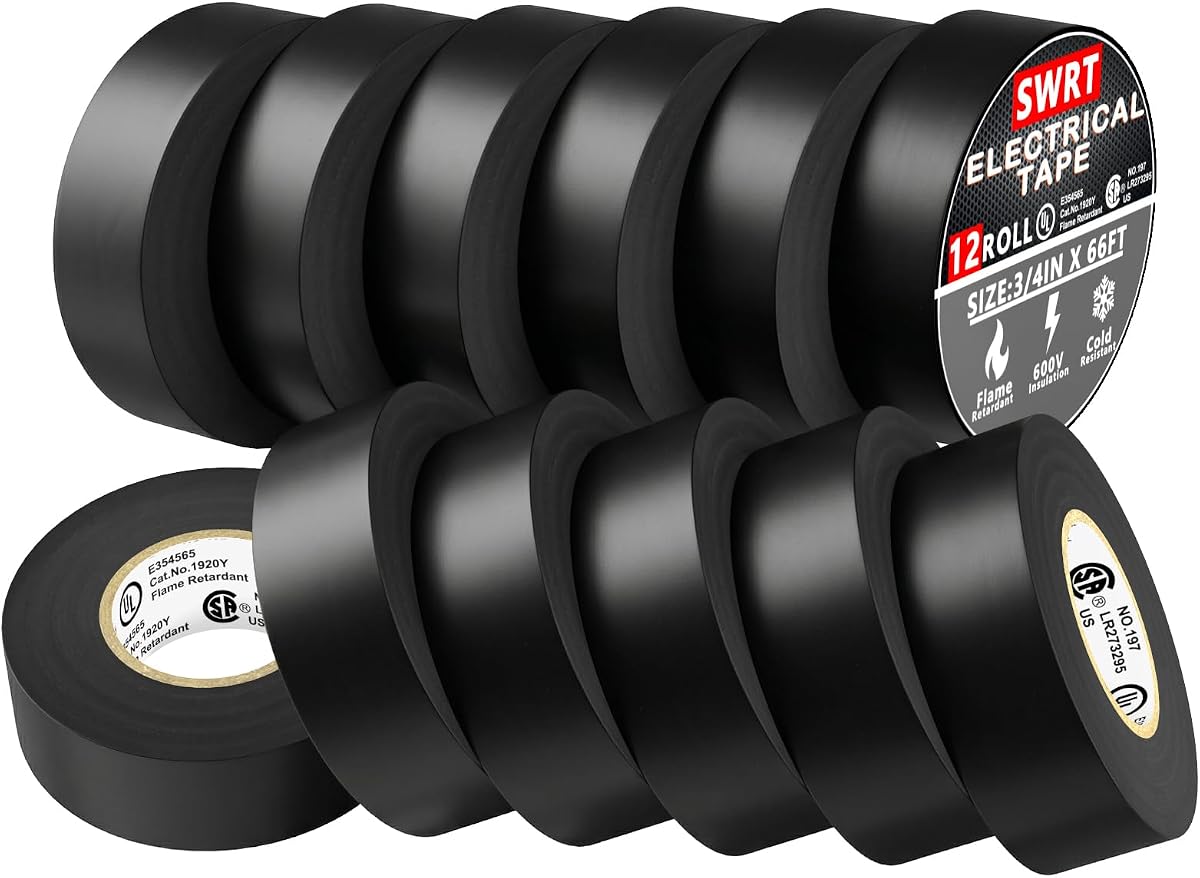 12 Pack UL/CSA Electrical Tape 0.75" x66FT Flame Retardant | 12-Pack. 7 mils thick. Industrial grade. Strong adhesive. UL/CSA certified. Ideal for pro & home electrical repairs.