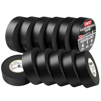 SWRT 12-Pack UL/CSA Listed Black Electrical Tape 7 mils Thick, 0.75 in x 66 FT Electric Tape, Industrial Grade, Flame Retardant, Strong Adhesive, Professional Installations, Home Electrical Repairs