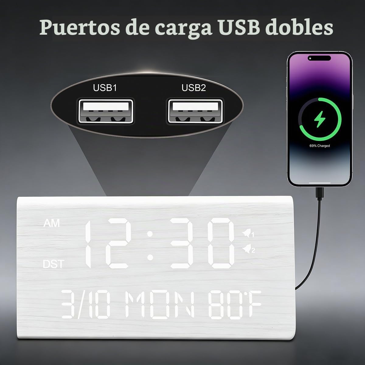 Kogonee Reloj despertador digital de madera, 0100% de brillo y volumen, detección de temperatura, fecha, modo de día de semanafin de semana, doble alarma, 9 minutos de repetición, 1224H, reloj LED