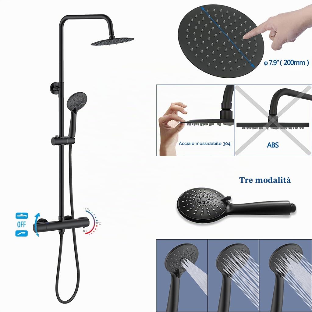 Colonna Doccia AICA ITALY con Rubinetto Termostatico Diam. 40mm Nero Opaco | Soffione doccia Rotondo da 20cm, Doccetta a Mano ha 3 Modi di Getti, Saliscendi Doccia Regolabile 73-117cm in Altezza