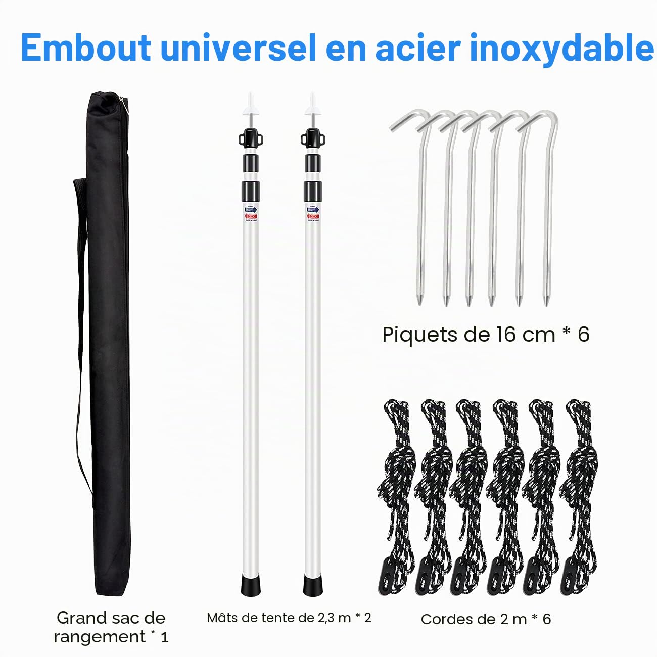 Poteaux de tente, LAMA [Pack de 2 90-230cm] Piquet de camping télescopique avec 6 piquets de tente et 6 cordes en nylon pour moustiquaire de tente, tentes, bâches, auvents, camping, abris, toile de