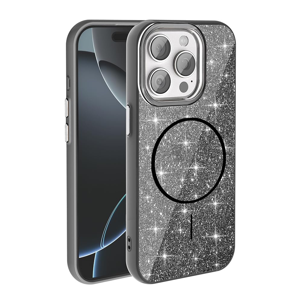Zore Apple için uyumlu iPhone 15 Pro Max Kılıf M-safe Şarj Özellikli Parlayan Simli Zore Okso Kapak Siyah