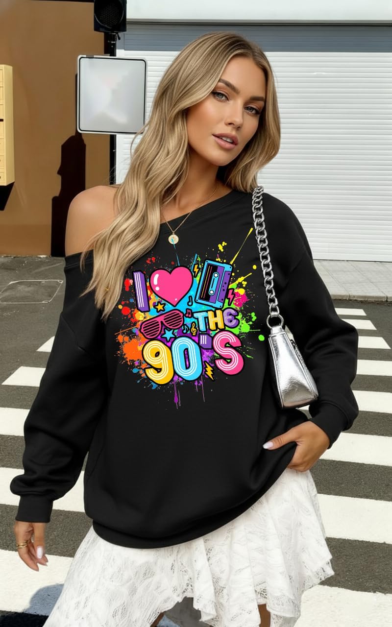 90s Outfit for Women Sexy Off The Shoulder Sweatshirt I Love The 90's Shirt Oversized Long Sleeve Pullover Top - Image 4