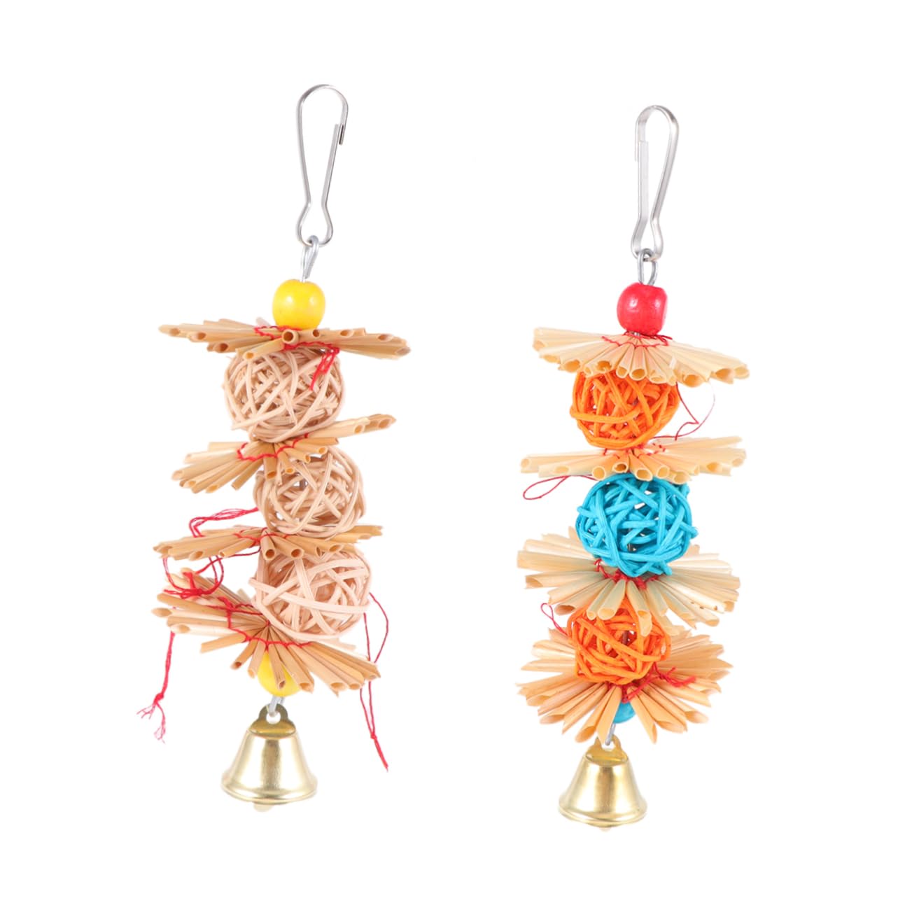 DOITOOL Jouets À Mâcher pour Perroquets Lot De 2 Clochettes Suspendues en Rotin Tissée pour Petits Oiseaux Couleur Aléatoire
