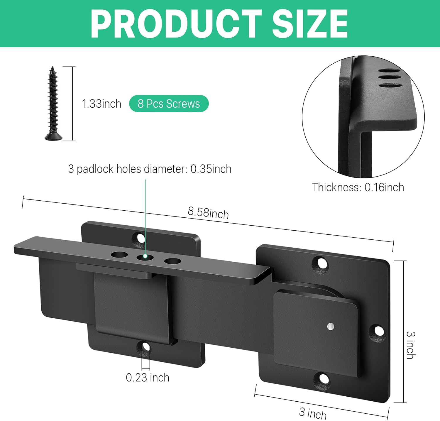 Supkiir 9" Flip Gate Latch Lock with 3 Padlock Hole, 4mm Heavy Duty Aluminum Alloy Barn Door Lock, Adjustable Gate Latch for Outdoor Fence Shed Garage Yard Double Sliding Swing Gate, Black