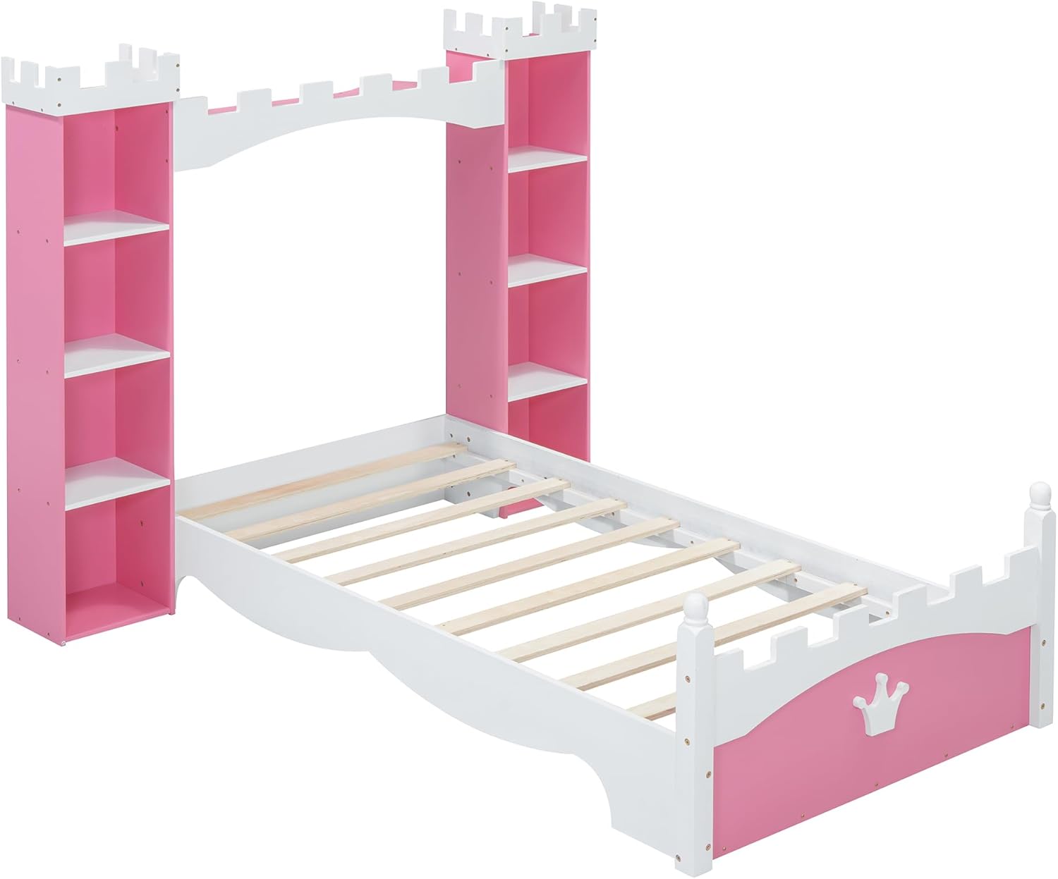 Merax Twin Size Platform Bed, Castle-Shaped Wooden Bed Frame with Storage Shelf, Dreamy Twin Size Bed for Bedroom, Pink+White