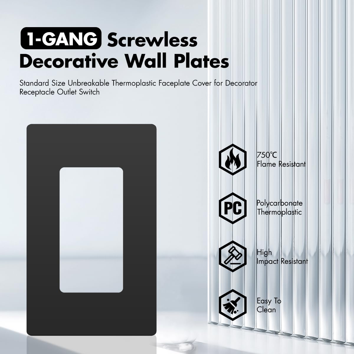 Micmi 1 Gang Decorator Wall Plates Black, Standard Size, Unbreakable Polycarbonate, Screwless Electric GFCI Switch Plate Cover ( 1 Gang Screwless Glossy Black 1 Pack)