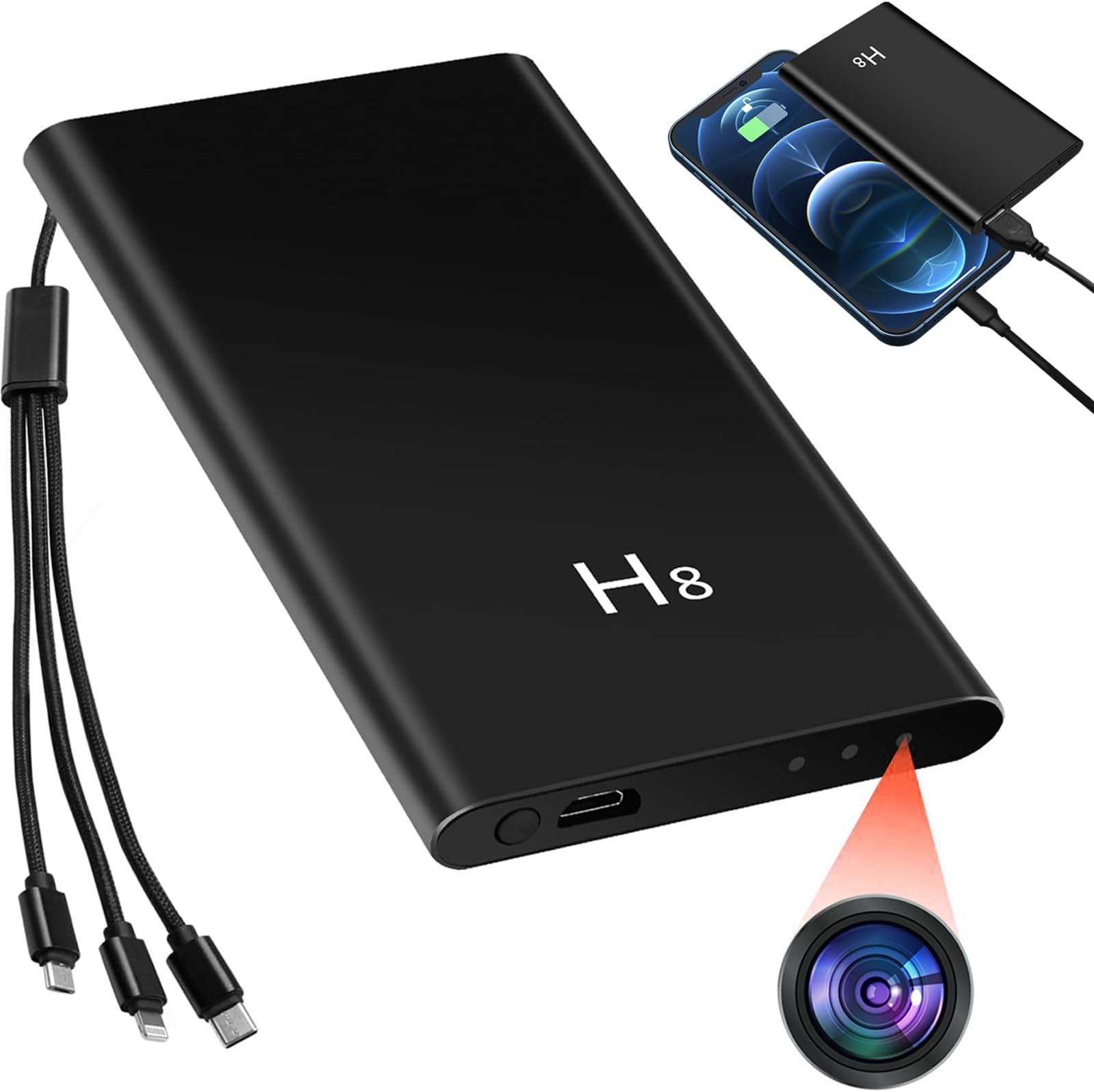 Small Camera, 1080P HD Power Bank Camera 5000 mAh Gravity Sensor with Night Vision and 3-in-1 Charging Cable for Charging Mobile Devices