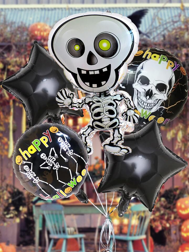 Image of AMFIN (Pack of 45) Happy Halloween Party, Skeleton Ghost Foil Balloons - White, Black