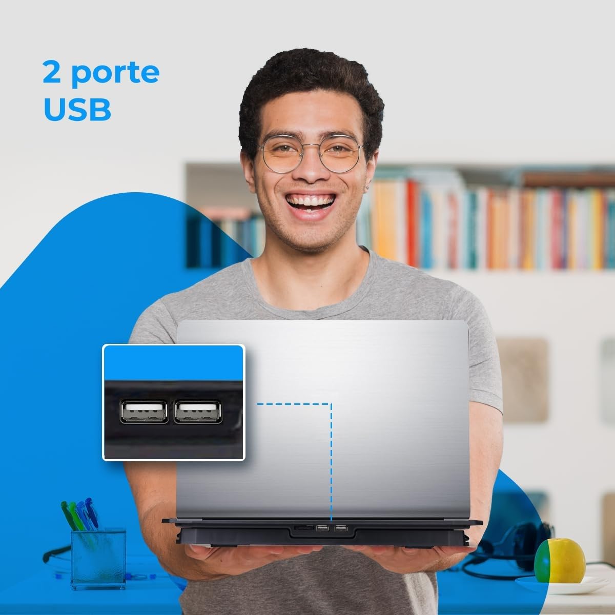 NK Laptop Cooler Stand Ventola per computer portatili 12-17 pollici 5 supporti regolabili 2 ventole silenziose 2 porte USB raffreddamento rapido LED blu nero