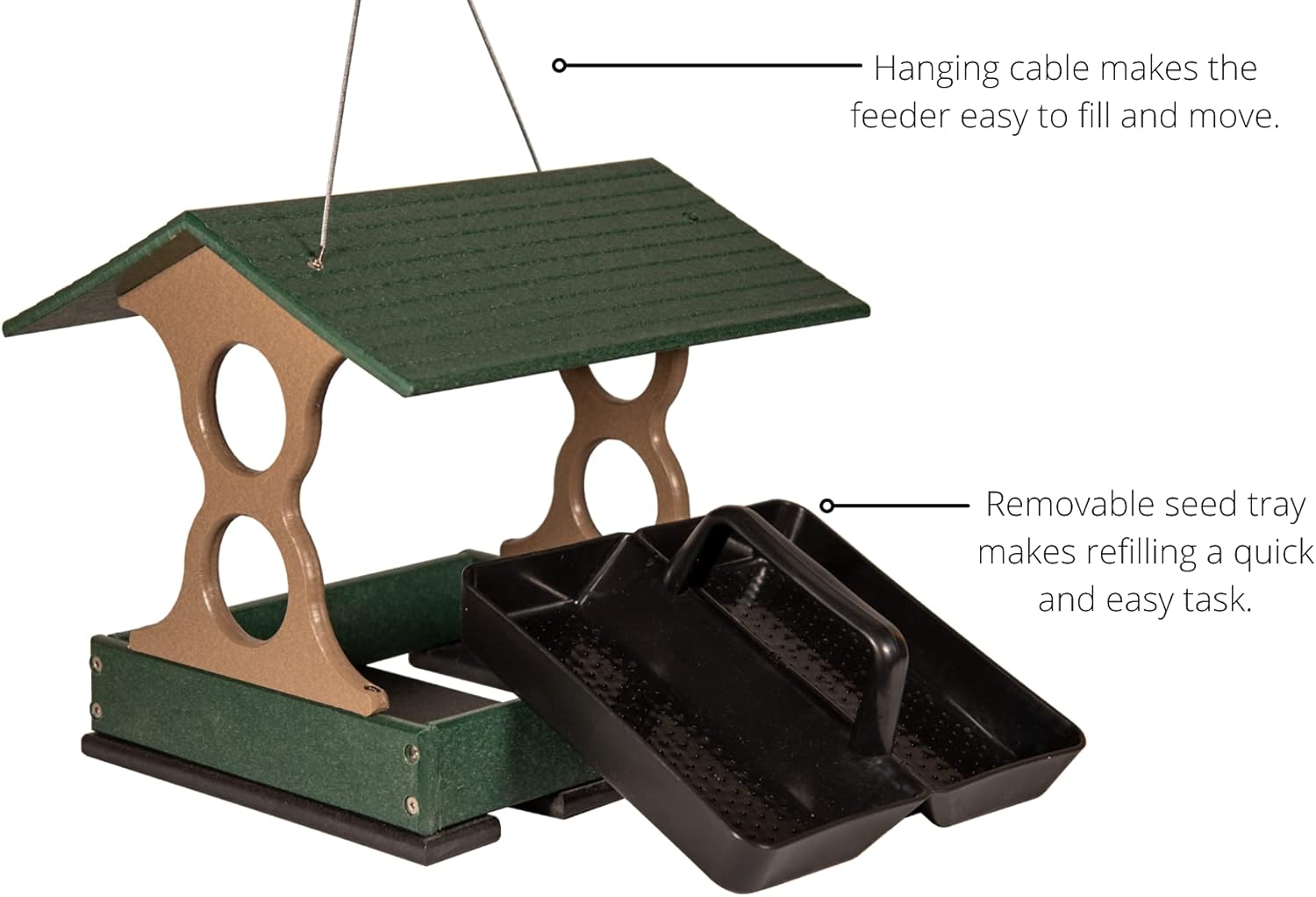JCS Wildlife Medium Poly Fly-Thru Bird Feeder w/Removable Seed Tray - Holds 4 Cups of Bird Seed to Attract Cardinals, Chickadees, and More Backyard Birds (Green)