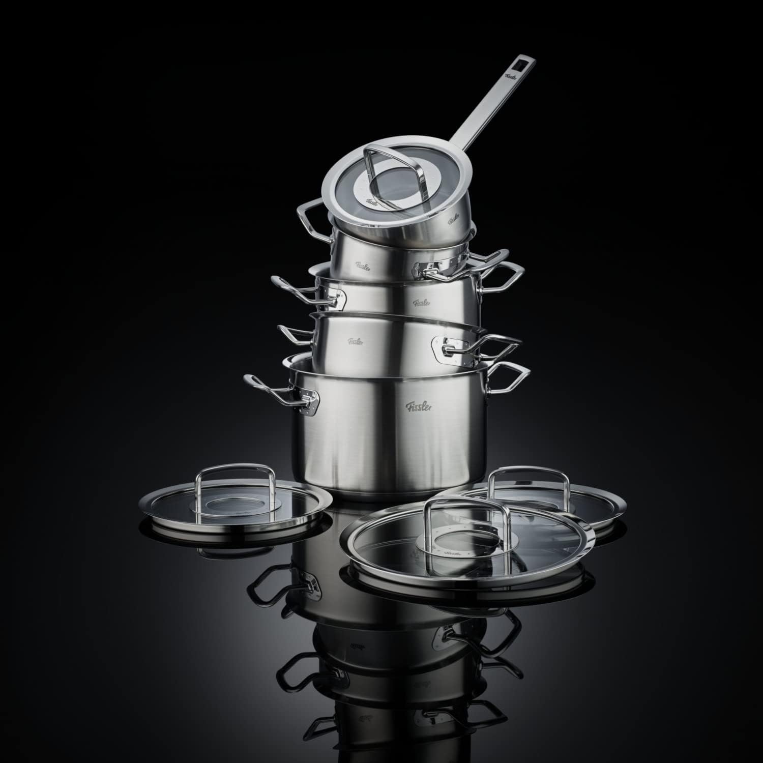 Fissler Original-Profi Collection 5-Piece Stainless Steel Cooking Pot Set with Glass Lid (3 Saucepans, 1 Stewing Pan, 1 Saucepan Lidless) - Induction